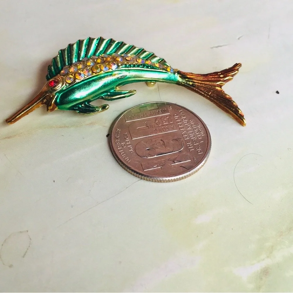 Vintage 50s Gold and Green Aurora Borealis Enamel  Rhinestone Sailfish Brooch
